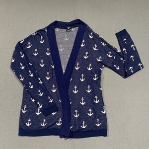 Windsor Navy Blue Anchor Print Open Front Knit Cardigan Sweater Womens L